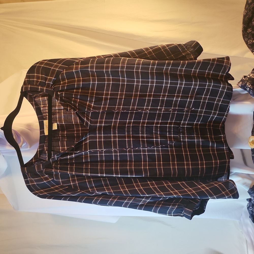 XL Loft blue brown plaid woven long sleeves tunic #0077